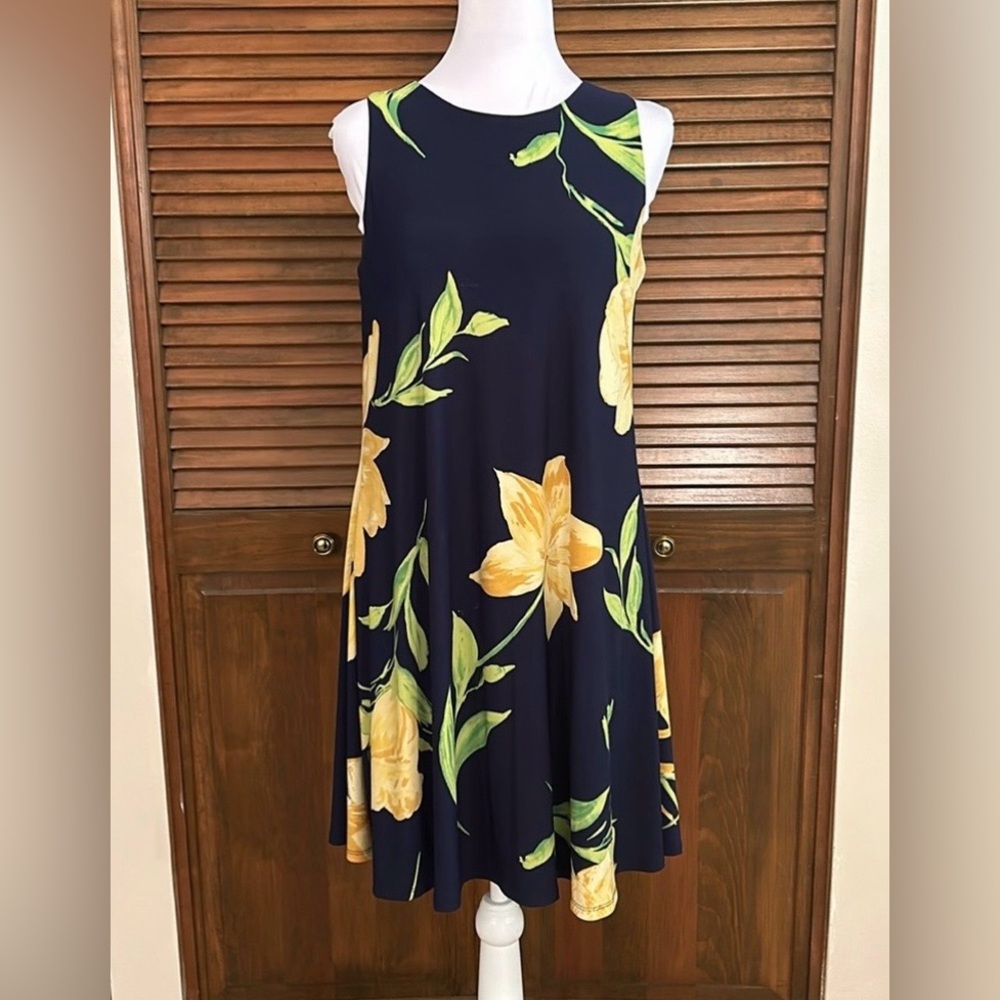 Anne Klein Flowy Sleeveless Navy Floral Swing Loose Fit Summer Dress Size 4